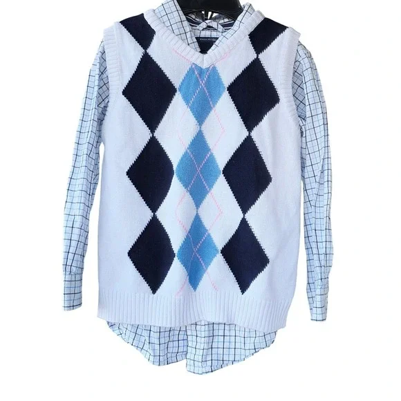 The Childrens Place Boys 4T Argyle‎ Sweater Vest and Plaid Shirt 2pc White Blue