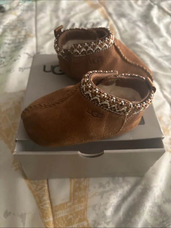 UGG Chestnut Suede Baby Moccasin Booties with Braided Trim