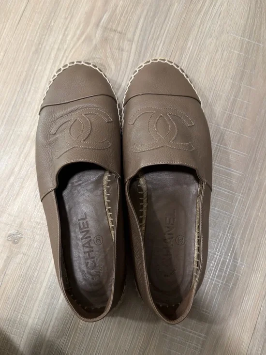CHANEL Taupe Brown Leather Espadrilles with CC Logo