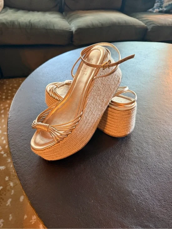 SCHUTZ Gold Braided Espadrille Platform Wedges