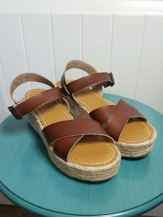 Brown Leather Espadrille Wedge Sandals By Amazon Essentials Size 8 EUC