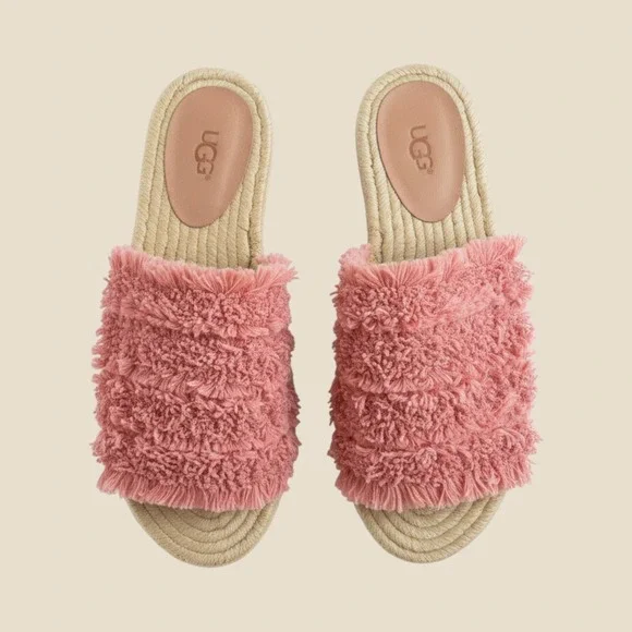 UGG Poppy Pink Fringe Espadrille Slide Sandals 1090849 Womens 6