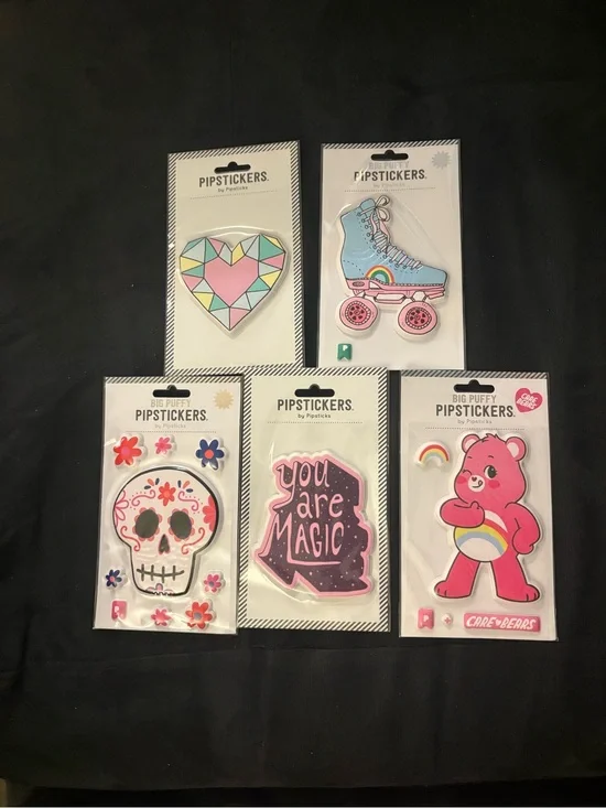 Pipsticks 5 big puffy puffies stickers Care Bears magic roller skate