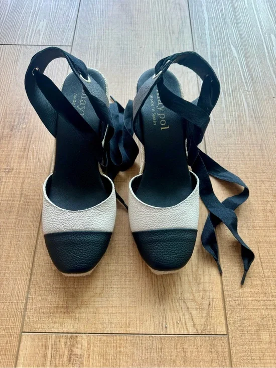 Maypol Espadrille Wedge Sandals EU 39 US 8.5 Black Cream Leather Lace Up Spain