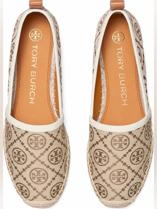 Tory Burch Beige and Brown Logo Espadrille Flats