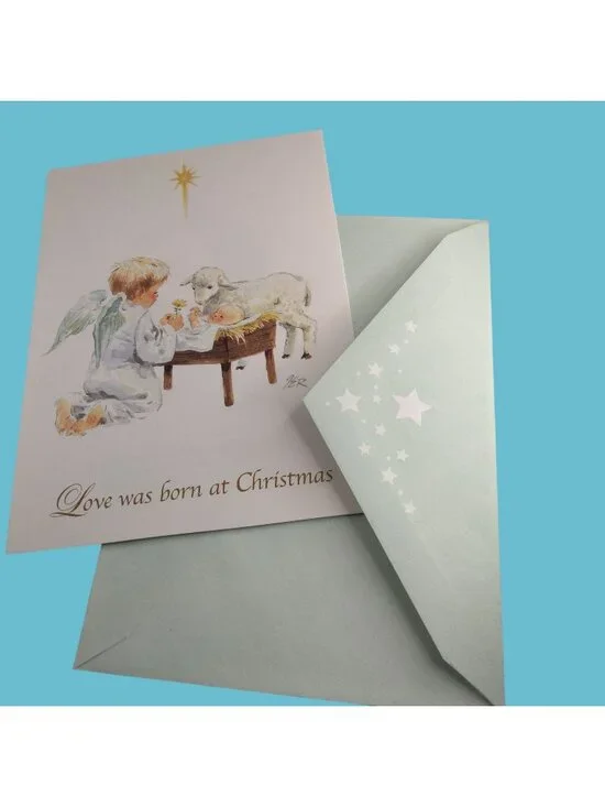 Salesian Missions Christmas Card Angel Manger Nativity Baby Jesus Envelope