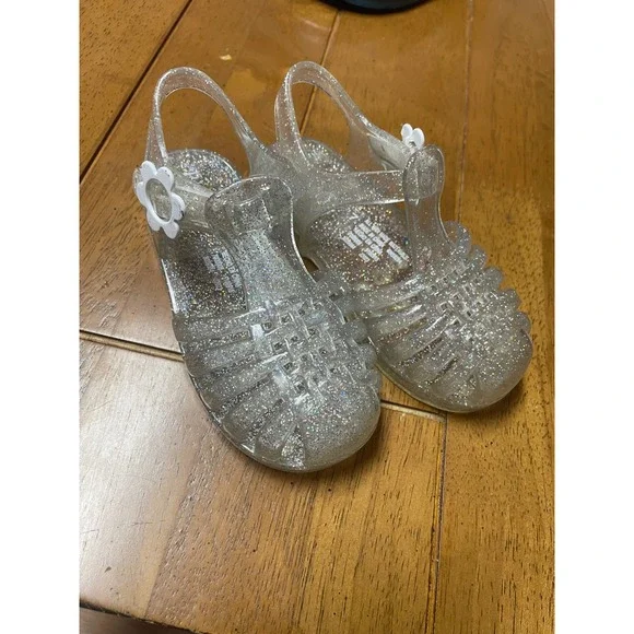 Childrens Place Girls Clear Glitter Jelly Sandals Flower Charm Size 7 Toddler