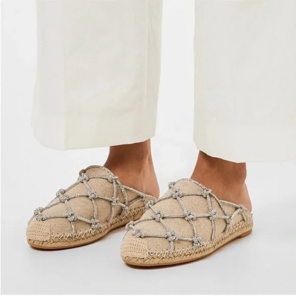 New VALENTINO GARAVANI Crystal-embellished linen espadrille mules $1,150 35