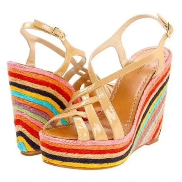 Kate Spade Lindsey‎ Nude Leather Strappy Rainbow Espadrille Platform Sandals 7.5