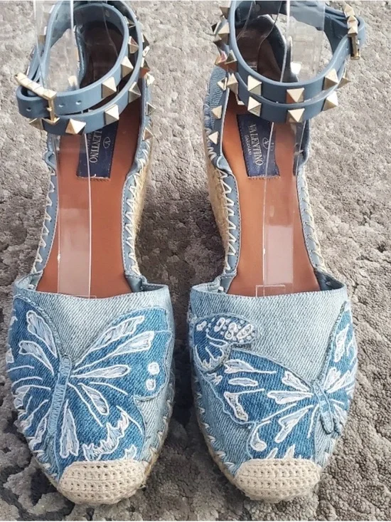Valentino Garavani Light Blue Denim Butterfly Espadrille Wedge Sandals