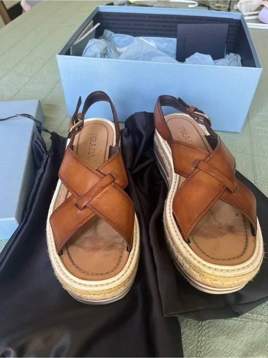 Prada Brown Leather Espadrille Platform Slingback Sandals