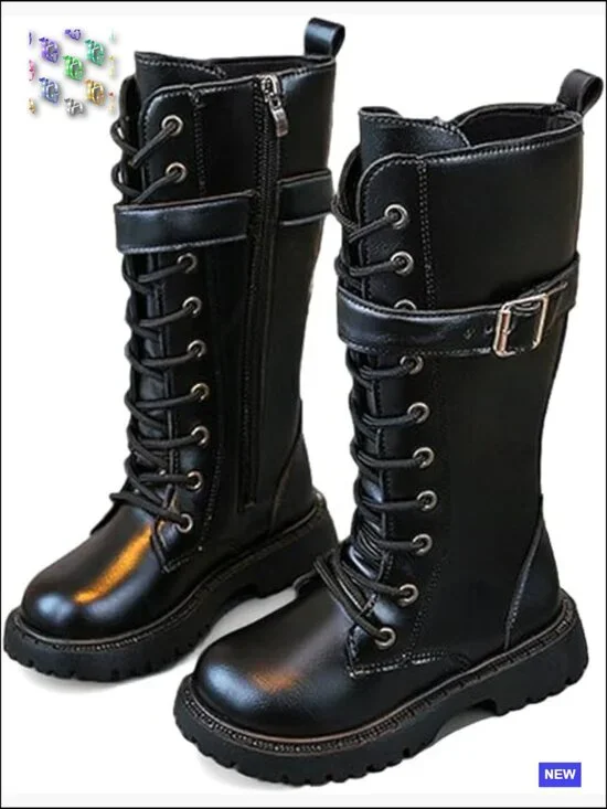 Girls Leather Knee High Boots with Side Zipper Fashion Buckle Straps Comfort