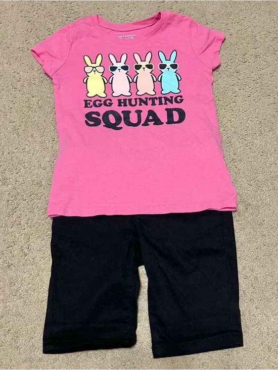 Children’s Place‎ Girl’s 4T Pink Easter T-Shirt & Black Bermuda Shorts Outfit