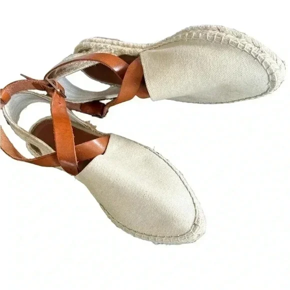 Matt Bernson beige canvas leather‎ crias-cross straps slingback Sz 7