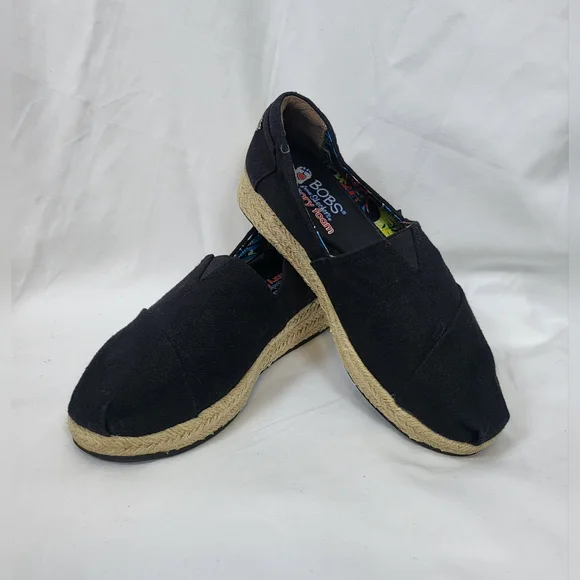 Bobs Skechers Womens Black Highlights‎ Memory Foam Slip On Espadrille Wedge 8.5M