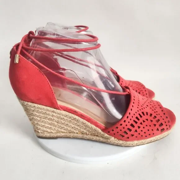 Unisa Red Laser Cut Women's Sandals‎ Size 8 Espadrille Wedge Open Toe Ankle Tie