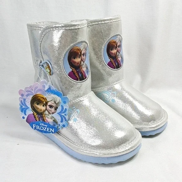 Disney Frozen Boots Silver Anna Elsa Faux Fur Metallic Snowflake Toddler 11 New