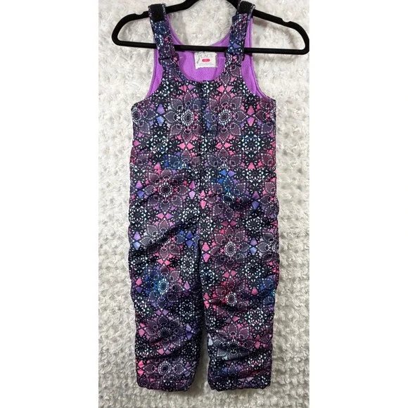 The Childrens Place Girls 5T Snow Bibs Purple Pink Blue Geometric Print Overalls