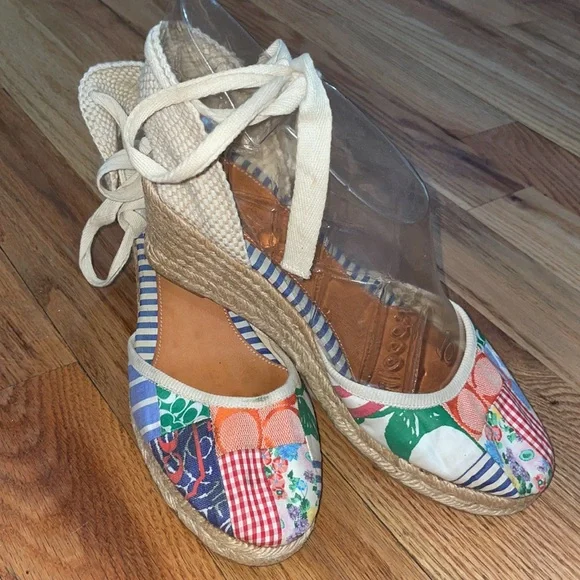 Coach Womens Kerrie Patchwork Canvas Wedge Espadrille Ankle Tie Sz 10