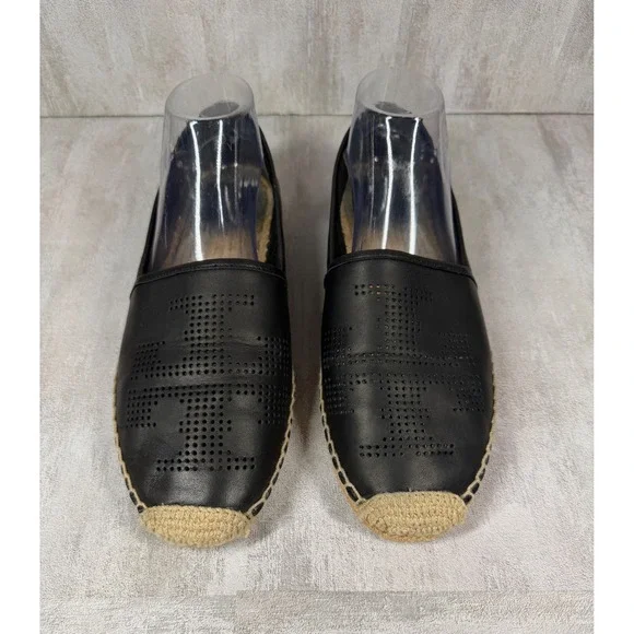Tory Burch Ines Black Leather Perforated Logo Espadrille Flats Womens 11 50966