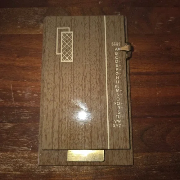 Vintage Mid Century Modern Pop Up Telephone Address Book Wood Grain Desk Index
