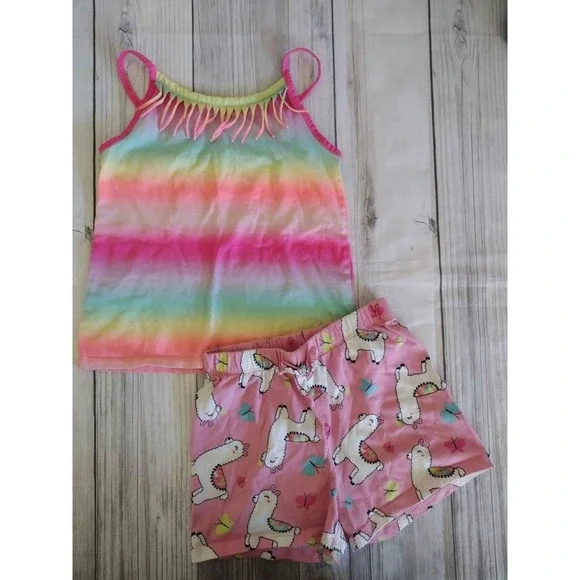 The Childrens Place Girls 5T Rainbow‎ Ombre Fringe Tank and Llama Shorts Set