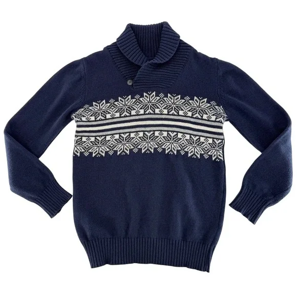 The Childrens Place Boys Navy Blue Fair Isle Snowflake Shawl Collar Sweater 7/8‎