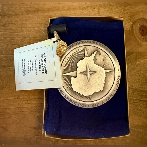 Silver Commemorative Benchmark Medallion Paperweight, South Pole 2004