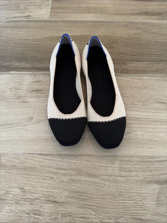 Rothy’s 9 The Square Tuxedo cream and black ballet flats