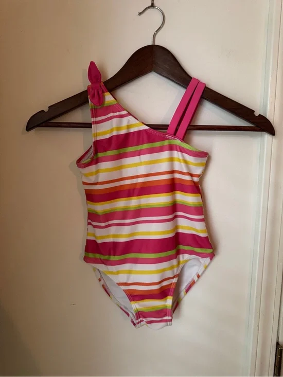 Gymboree Girls One-Shoulder Striped Swimsuit - Pink, Lime, White Size 6