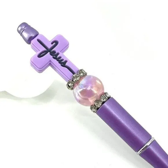 Jesus cross Christ Christian handmade pen NEW beads rhinestone bling lavender pu