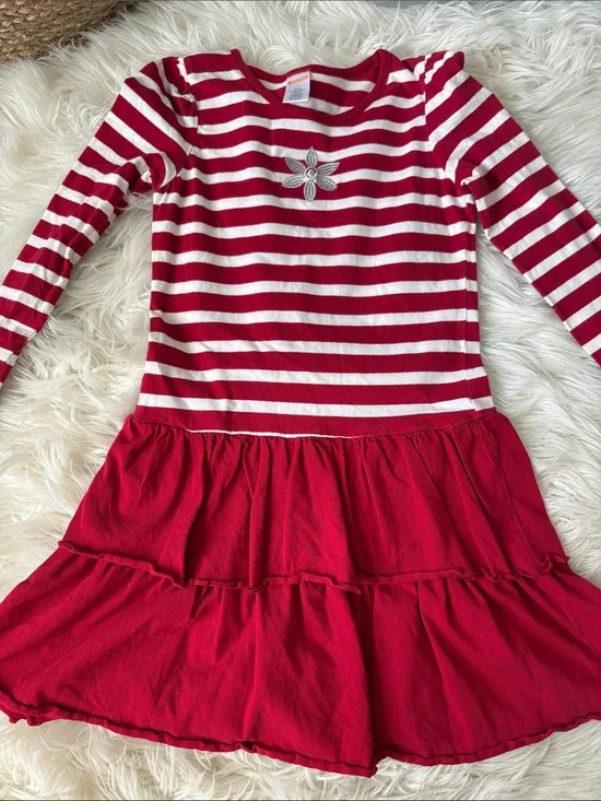 Gymboree Red and White Striped Tiered Dress with Flower Applique