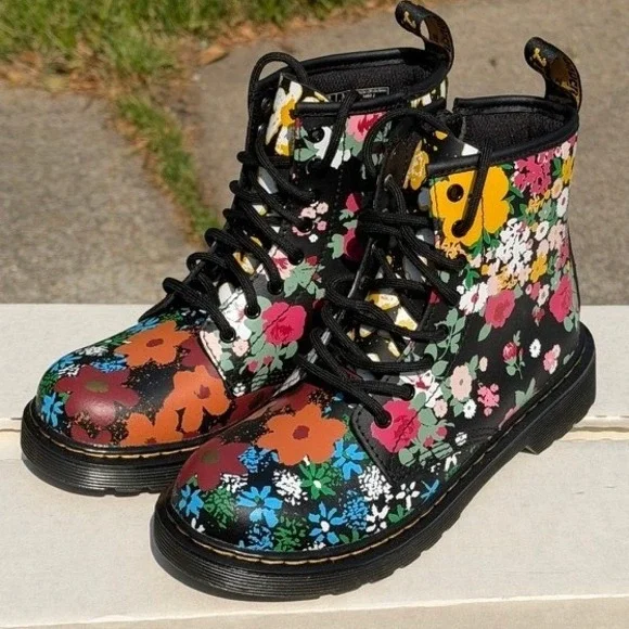 Dr Martens Youth 1460 Floral‎ Mash Up Leather Lace Up Boots NEW