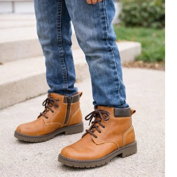 Johnston‎ & Murphy Boys Tan Leather Lace Up Side Zip Boots Size 3 M