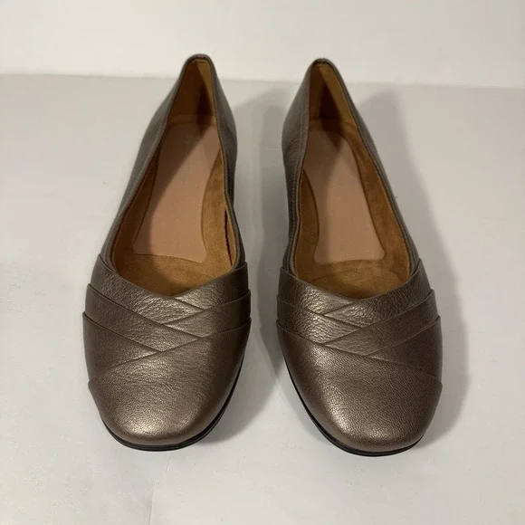 Naturalizer Jaye Women 11WW Pewter Metallic Leather Pleated Ballet‎ Flats Shoes