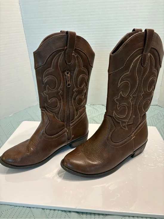 Cat & Jack Montana Girl's Western Boots Brown Faux Leather Side Zip Size 3