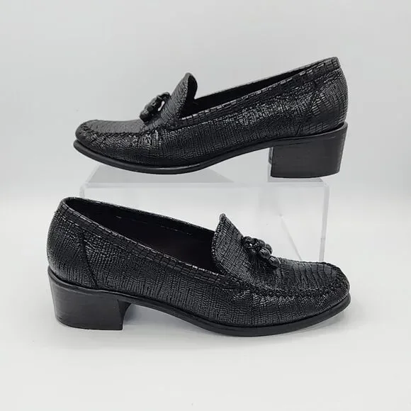 Stuart Weitzman Black Shiny Leather Tassle Loafers Block Heel Size 6.5B