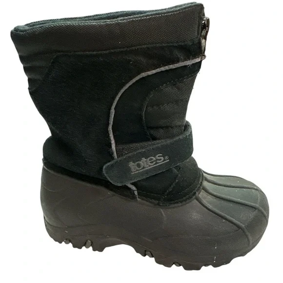 Totes Travis Black Snow Boot Leather Upper Preowned Boys Size 11