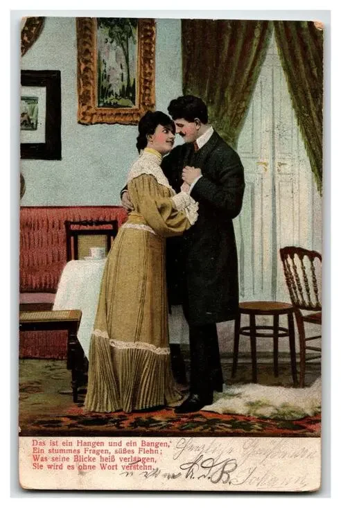 Vintage 1905 Romantic Couple Postcard, Victorian Era Lovers, Poetic German Text