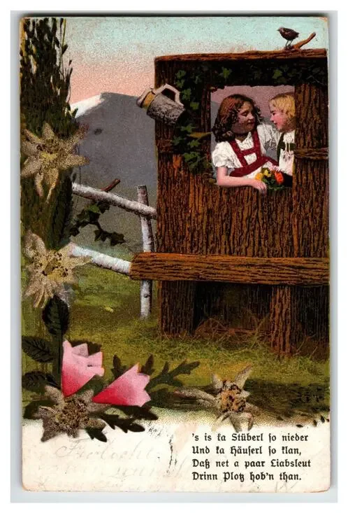 1908 Alpine Children Edelweiss Postcard Bavaria Poem Rustic Hut 5 Heller Stamp