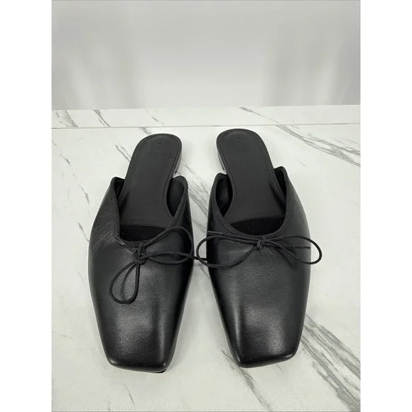Everlane The Ballet Mule Leather Square Toe Bow Flat Slides Shoes Black Womens 8