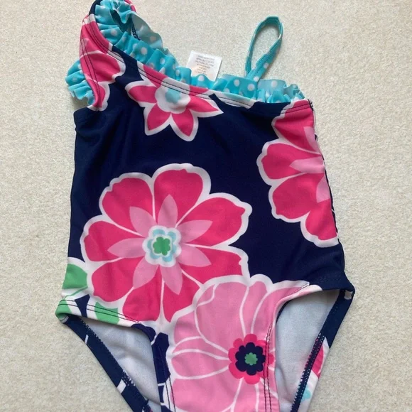 Gymboree Navy One-Piece Swimsuit with Pink Floral Print