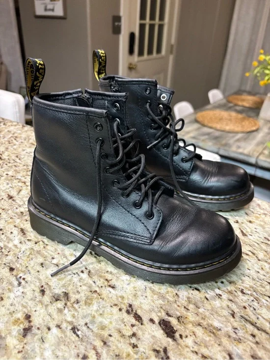 Dr. Martens Black Leather Lace-Up Ankle Boots with Yellow Stitching