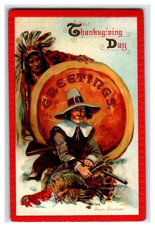 Frances Brundage Vintage Thanksgiving Pilgrim Native American Postcard 1912