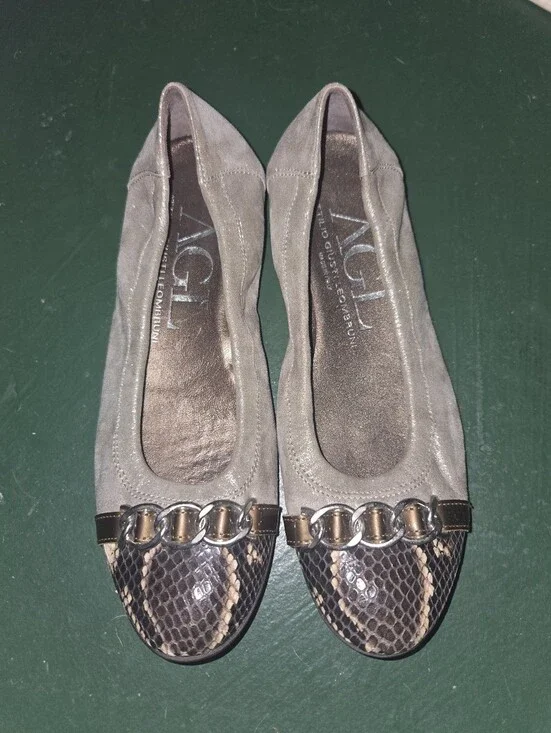 Attilio Giusti Leombruni Gray Suede Flats with Snakeskin Toe and Gold Chain