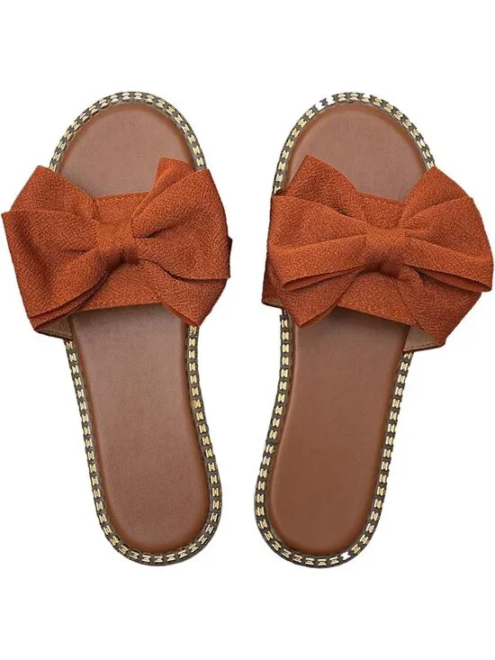 Women's Brown Leather Bow Knot Slides Open Toe Flat Summer Slip On Sandals