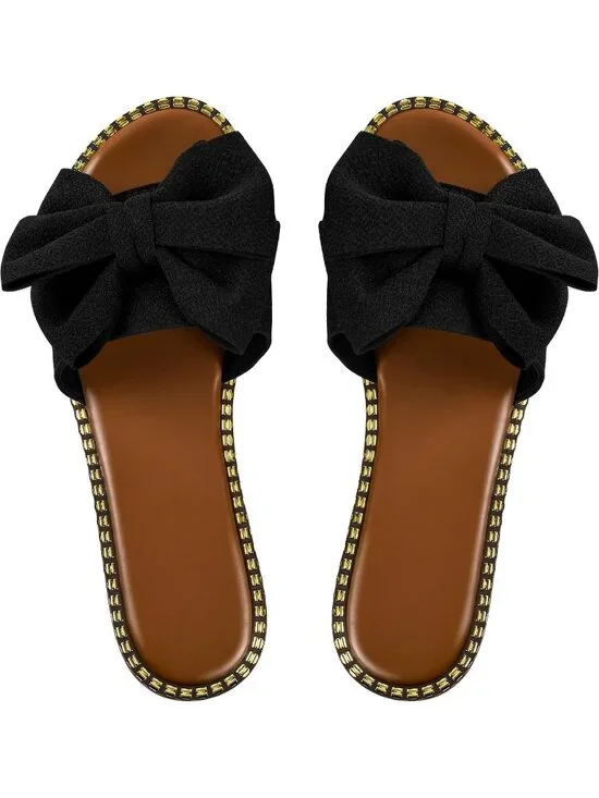 Women's Black Leather Bow Knot Slides Open Toe Flat Summer Slip On Sandals