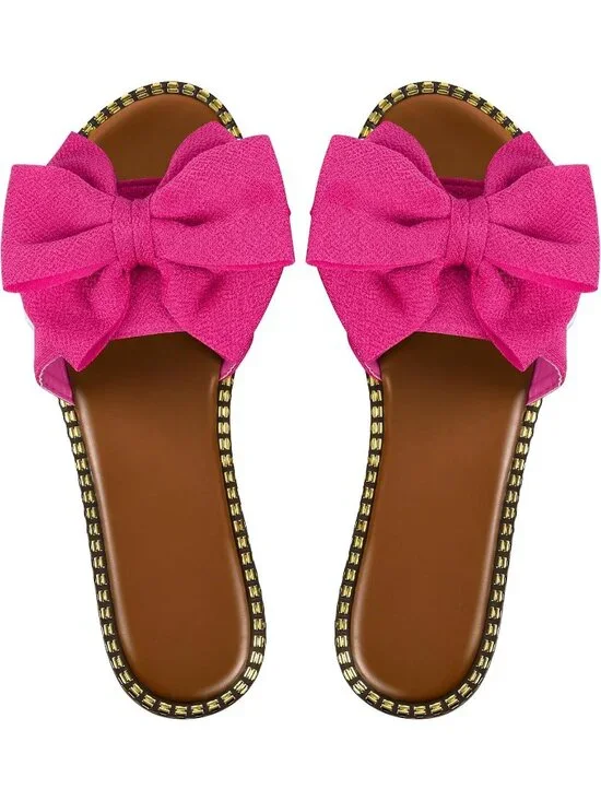 Women's Hot Pink Leather Bow Knot Slides Open Toe Flat Summer Slip On Sandals