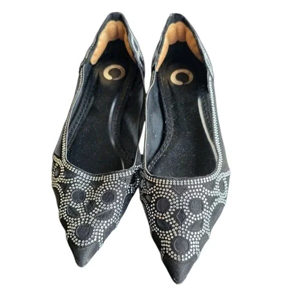 Title:Women's Black Rhinestone Pointed Toe Ballet Flats 8.5 Sparkly Slip-On