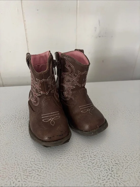Kids Brown Western Cowboy Boots with Pink Lining